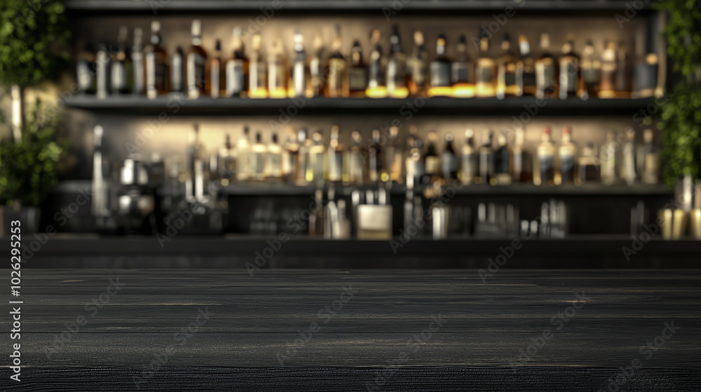 Fototapeta premium Elegant bar interior with a variety of bottles neatly arranged on shelves, creating an inviting ambiance for cocktails and relaxation.