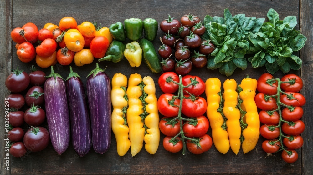 A colorful arrangement of fresh vegetables on a wooden surface, including tomatoes, peppers, eggplant, and spinach. A colorful arrangement of fresh vegetables on a wooden surface, including tomatoes, peppers, eggplant, and spinach.