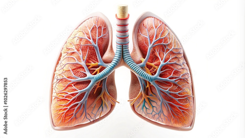 Detailed Tilt-Shift Medical Illustration of Human Lungs on White Background for Health and Science Concepts Detailed Tilt-Shift Medical Illustration of Human Lungs on White Background for Health and Science Concepts