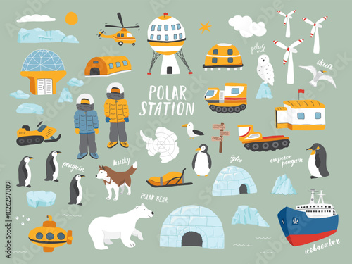 Polar station objects collection. Arctic or Antarctic expedition elements set Polar base and animals. Vector illustration