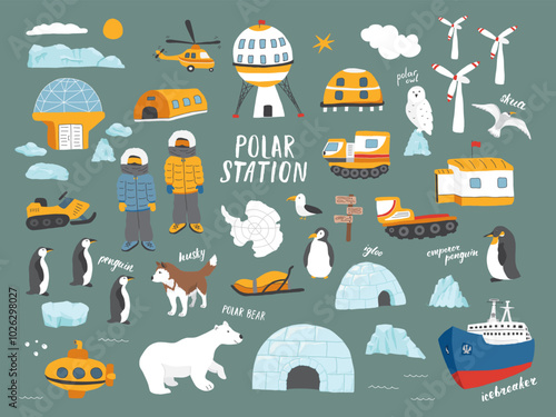 Polar station objects collection. Arctic or Antarctic expedition elements set Polar base and animals. Vector illustration