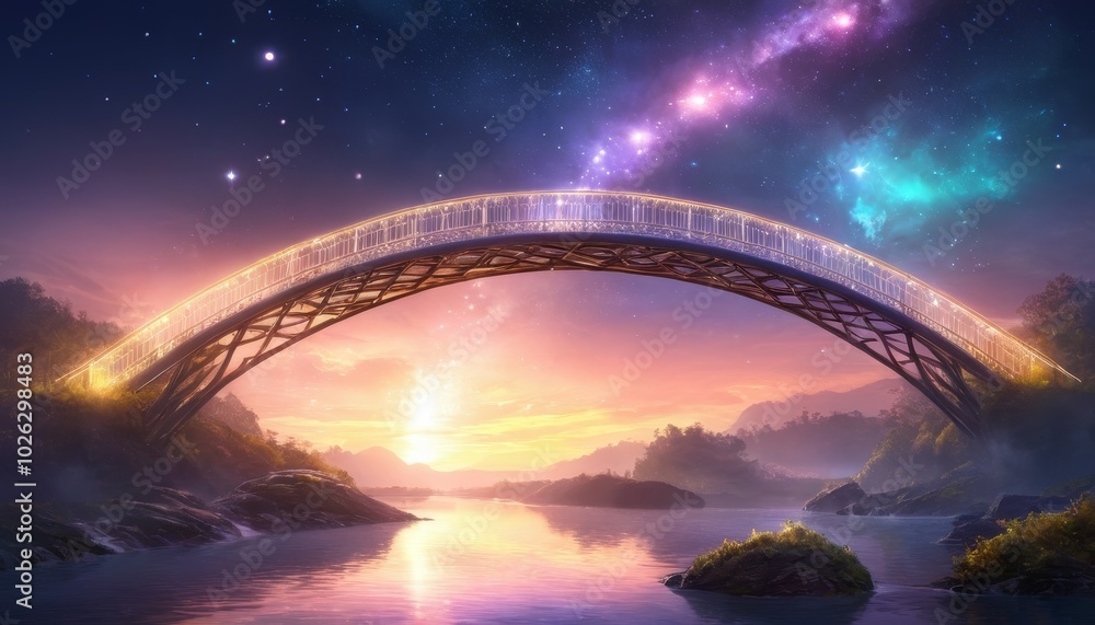 A luminous bridge shimmers in the twilight, set against a mesmerizing lavender sky filled with magical hues, inviting viewers into a dreamy fairy tale landscape A luminous bridge shimmers in the twilight, set against a mesmerizing lavender sky filled with magical hues, inviting viewers into a dreamy fairy tale landscape