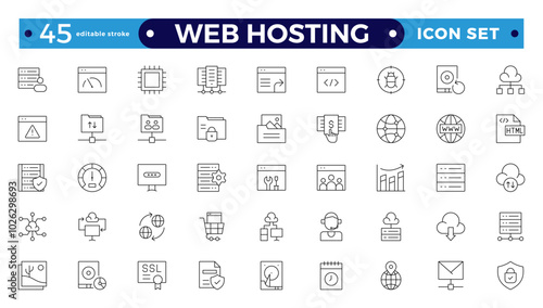 Web Hosting outline web icons set. Web hosting, server, CDN, VPN, domain, FTP, internet, backup, SSL, database and firewall. Editable stroke outline icon.
