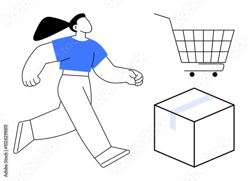 Shopping concept. A person walks with a shopping cart and a large package. Ideal for online shopping, delivery services, retail, e-commerce platforms, and shipping logistics. Simple modern style