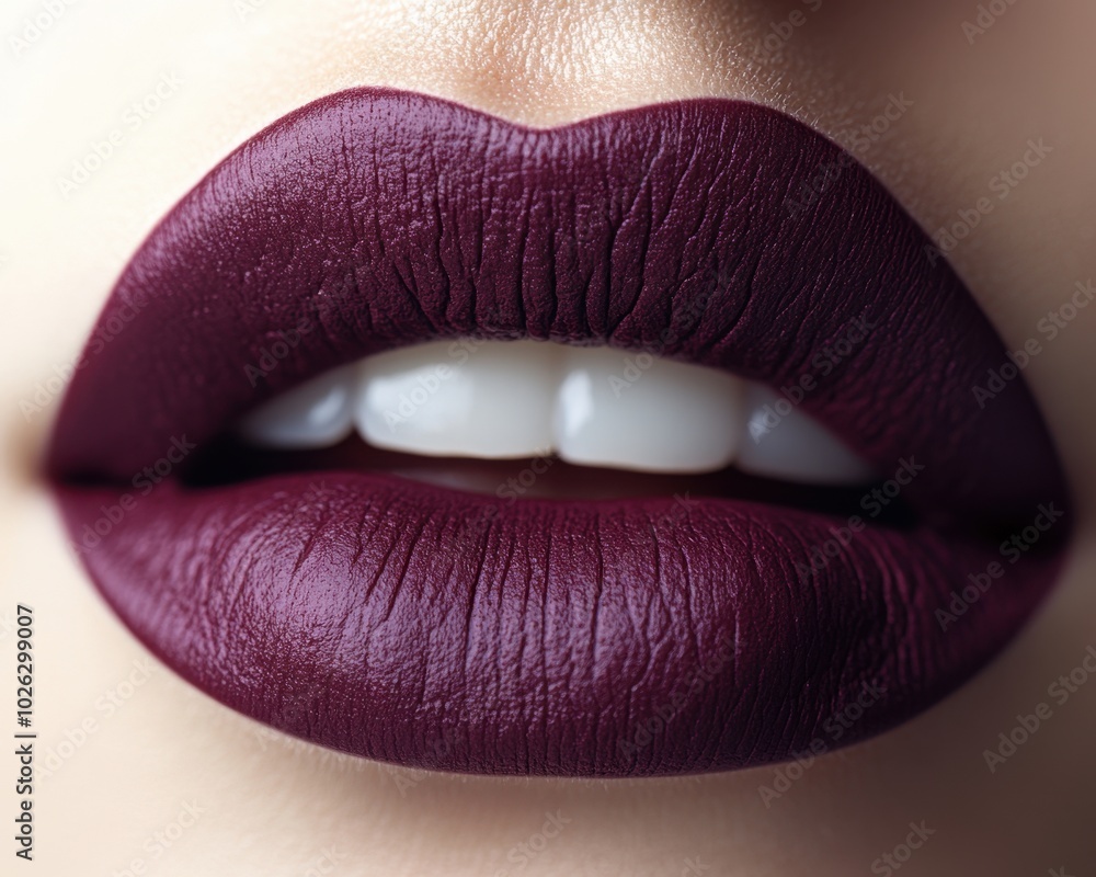 A close-up of deep plum-colored lips with a matte finish, isolated on white background A close-up of deep plum-colored lips with a matte finish, isolated on white background