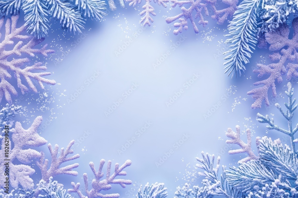 Winter wonderland scene with frosted snowflakes and pine branches on a light blue background Winter wonderland scene with frosted snowflakes and pine branches on a light blue background