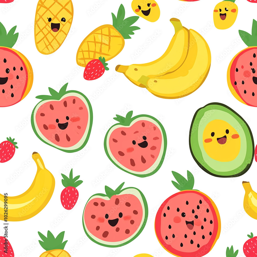 A cute cartoon pattern of watermelons, pineapples, and bananas with smiling faces, set against a white background. A cute cartoon pattern of watermelons, pineapples, and bananas with smiling faces, set against a white background.