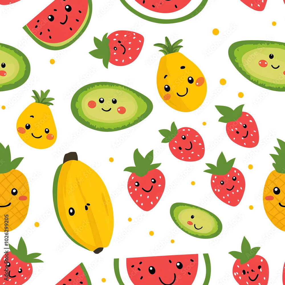 A cute cartoon pattern of watermelons, pineapples, and bananas with smiling faces, set against a white background. A cute cartoon pattern of watermelons, pineapples, and bananas with smiling faces, set against a white background.