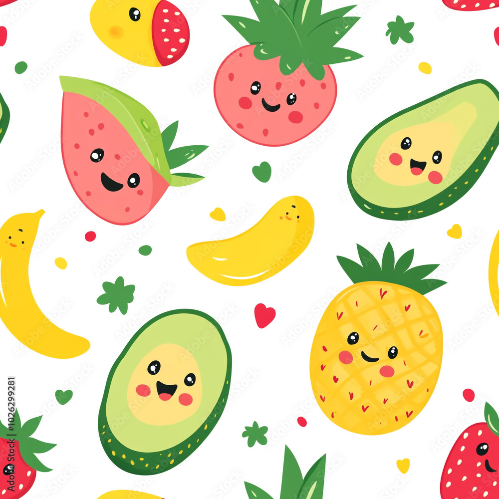 A cute cartoon pattern of watermelons, pineapples, and bananas with smiling faces, set against a white background. A cute cartoon pattern of watermelons, pineapples, and bananas with smiling faces, set against a white background.