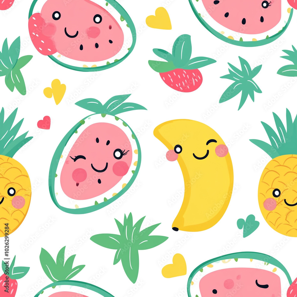 A cute cartoon pattern of watermelons, pineapples, and bananas with smiling faces, set against a white background. A cute cartoon pattern of watermelons, pineapples, and bananas with smiling faces, set against a white background.