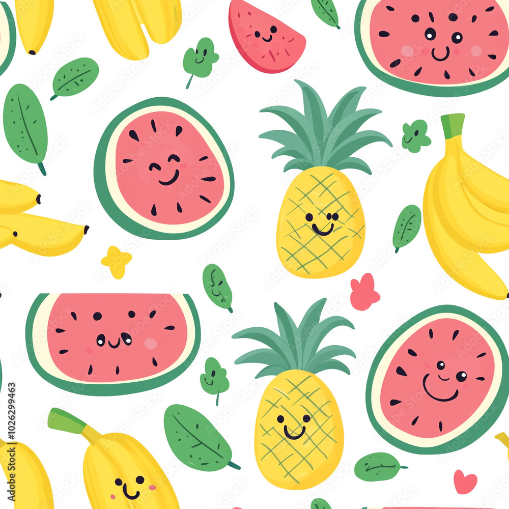 A cute cartoon pattern of watermelons, pineapples, and bananas with smiling faces, set against a white background. A cute cartoon pattern of watermelons, pineapples, and bananas with smiling faces, set against a white background.