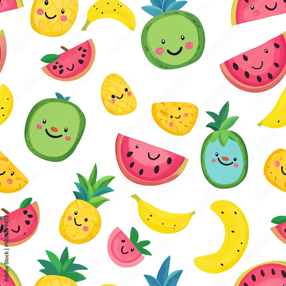 A cute cartoon pattern of watermelons, pineapples, and bananas with smiling faces, set against a white background. A cute cartoon pattern of watermelons, pineapples, and bananas with smiling faces, set against a white background.