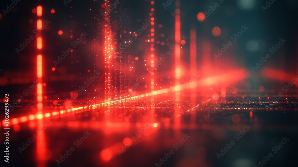 Naklejka premium Bright red and green laser beams are emitted from the LiDAR sensor, forming complex patterns of dynamic reflection. The design showcases the precise technology behind the sensor