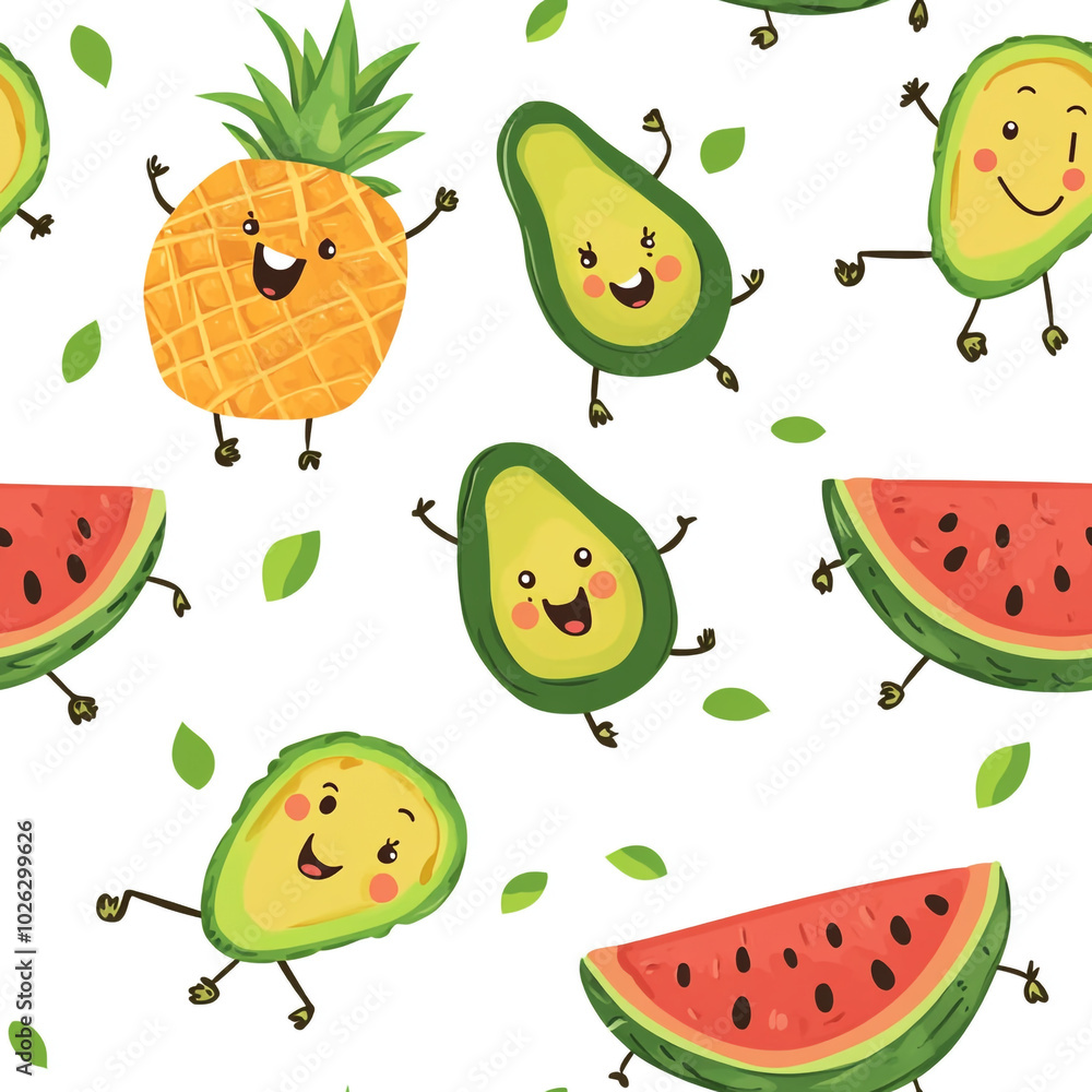 A cute cartoon pattern of watermelons, pineapples, and bananas with smiling faces, set against a white background. A cute cartoon pattern of watermelons, pineapples, and bananas with smiling faces, set against a white background.
