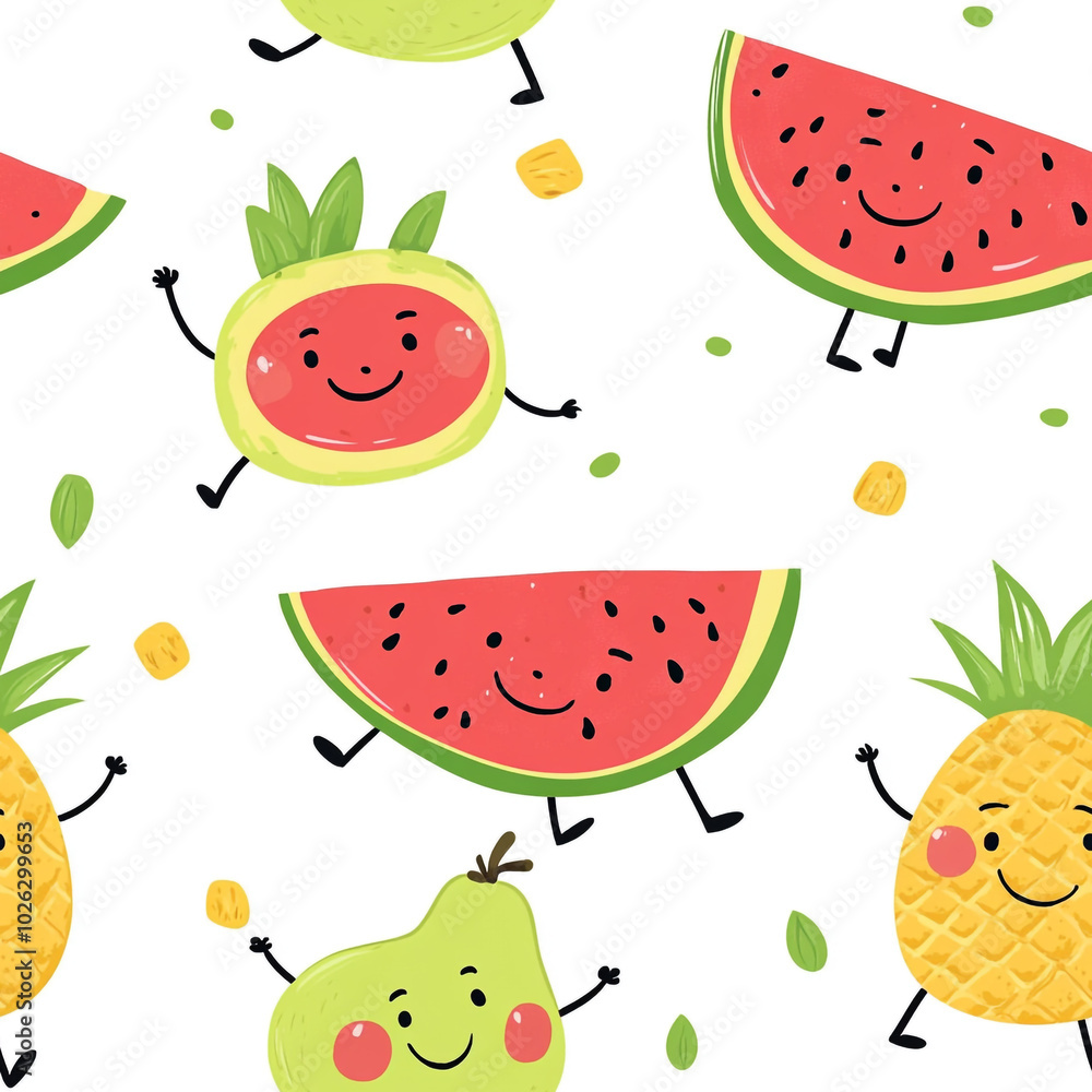 A cute cartoon pattern of watermelons, pineapples, and bananas with smiling faces, set against a white background. A cute cartoon pattern of watermelons, pineapples, and bananas with smiling faces, set against a white background.