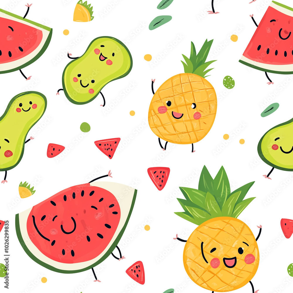 A cute cartoon pattern of watermelons, pineapples, and bananas with smiling faces, set against a white background. A cute cartoon pattern of watermelons, pineapples, and bananas with smiling faces, set against a white background.