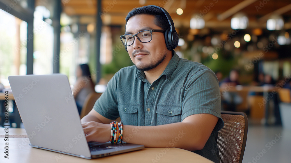 A Native American man in a busy co-working space, wearing noise-canceling headphones while working on his laptop. His casual, contemporary look is complemented by a traditional bea A Native American man in a busy co-working space, wearing noise-canceling headphones while working on his laptop. His casual, contemporary look is complemented by a traditional bea