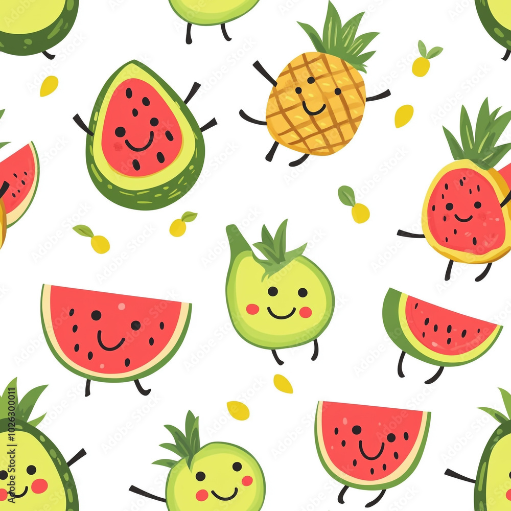 A cute cartoon pattern of watermelons, pineapples, and bananas with smiling faces, set against a white background. A cute cartoon pattern of watermelons, pineapples, and bananas with smiling faces, set against a white background.