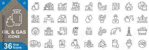 Oil and gas icons set. Oil extraction, pipeline, refinery, fuel station, pump, energy industry and more. vector illustrator.