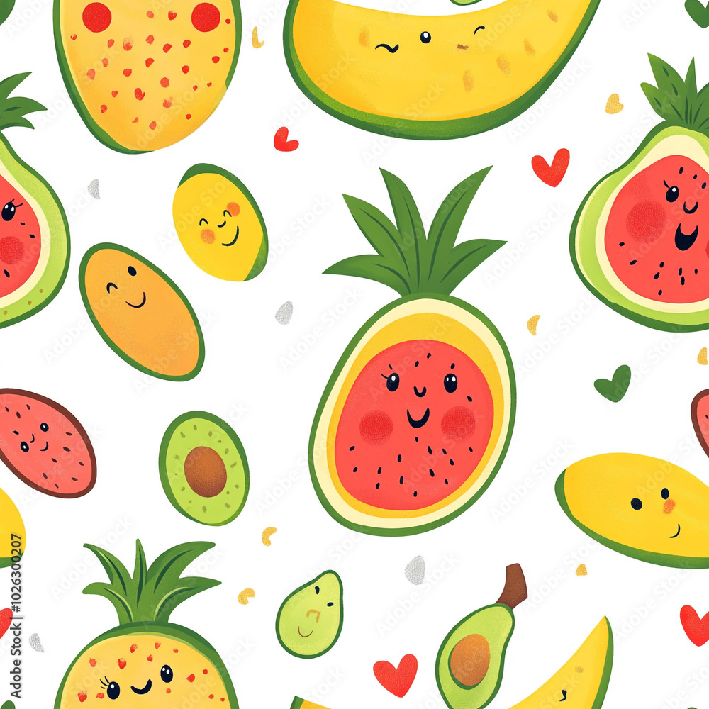 A cute cartoon pattern of watermelons, pineapples, and bananas with smiling faces, set against a white background. A cute cartoon pattern of watermelons, pineapples, and bananas with smiling faces, set against a white background.