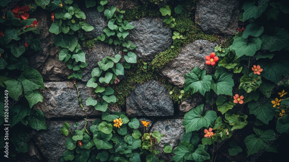 Stone Wall Covered in Lush Green Vines and Delicate Flowers Stone Wall Covered in Lush Green Vines and Delicate Flowers