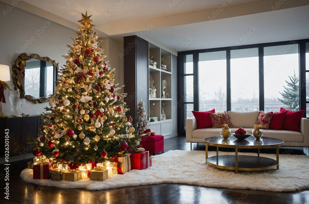 Christmas tree, fireplace, couch and wrapped gifts. Christmas tree, fireplace, couch and wrapped gifts.