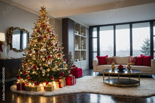 Christmas tree  fireplace  couch and wrapped gifts.