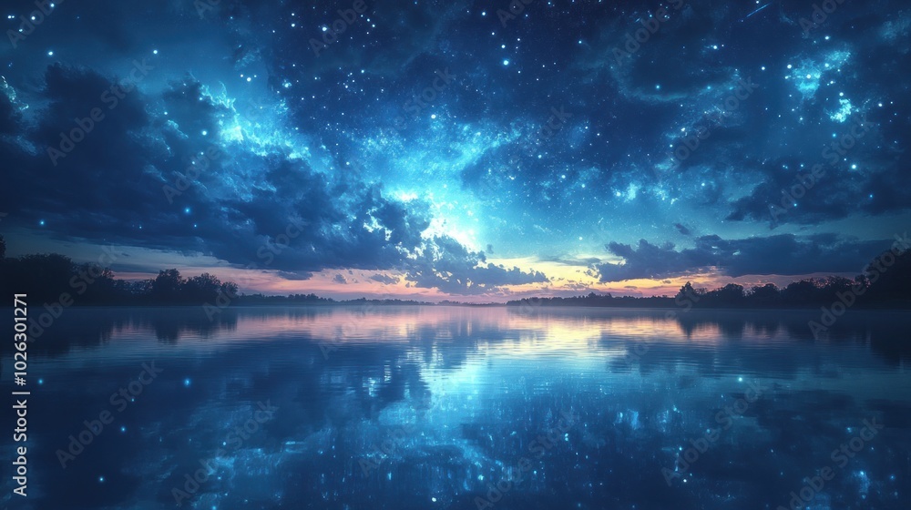 A serene lake reflects a breathtaking night sky filled with twinkling stars and clouds, creating a magical and ethereal scene. A serene lake reflects a breathtaking night sky filled with twinkling stars and clouds, creating a magical and ethereal scene.
