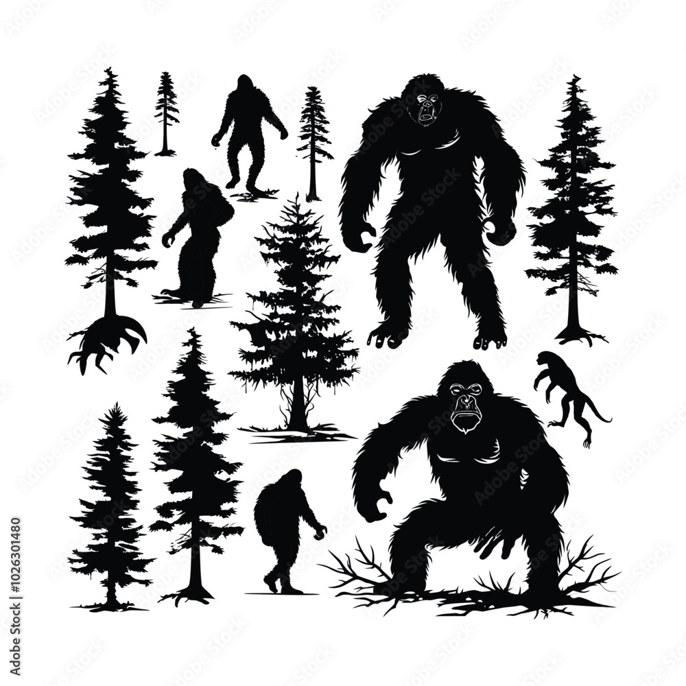 Fototapeta premium Bigfoot Silhouettes set Clipart on a white Background