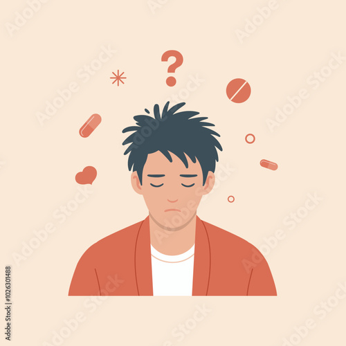 Vector illustration of a man who is sad and has a cold. The man in depression and apathy doesn't know what to do