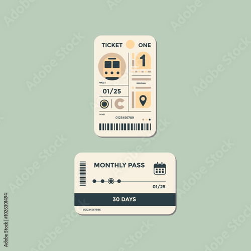 Vector transport travel documents. Monthly travel card for different types of transport. Template of two travel tickets