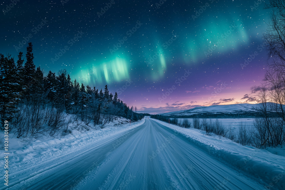 Naklejka premium A serene winter road illuminated by vibrant northern lights in a tranquil landscape at night