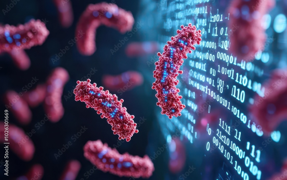 Bacteria merging with digital data, binary codes floating around, fusion of biology and technology, bacteria, biodigital future Bacteria merging with digital data, binary codes floating around, fusion of biology and technology, bacteria, biodigital future