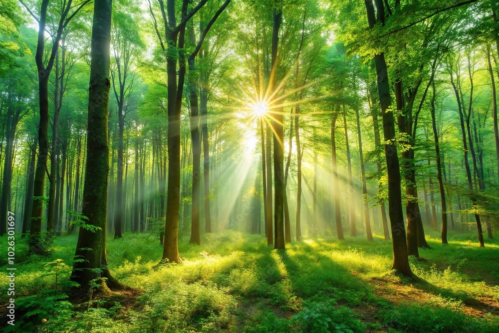 Obraz premium Morning sunlight streaming through lush green forest trees