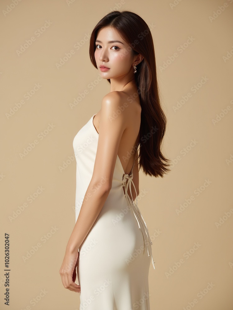 Fototapeta premium A young Asian woman with long dark hair and flawless makeup wears a strapless dress with delicate lace detailing