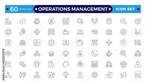 Operations management web icons in line style. Logistics, business process, maintenance, supply chain, improvement, planning,Audit, processing, operation  collection. Editable stroke outline icon.

