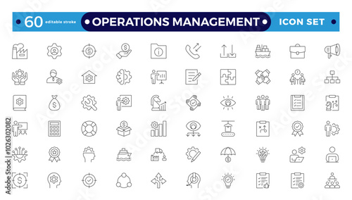 Operations management web icons in line style. Logistics, business process, maintenance, supply chain, improvement, planning,Audit, processing, operation  collection. Editable stroke outline icon.
