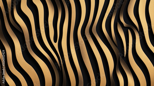 Abstract background with wavy gold lines creating a flowing pattern on a black surface, resembling zebra stripes with a metallic effect.