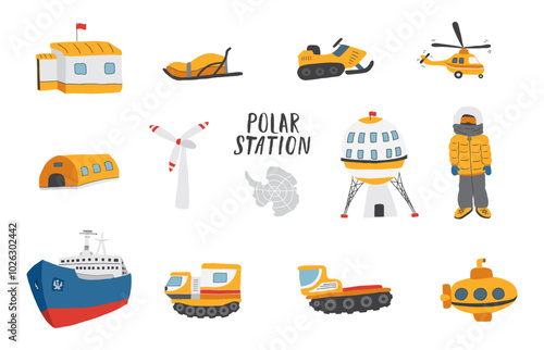 Polar animals collection, cute birds, fish and marine mammals. Arctic wild animals set. Vector illustration