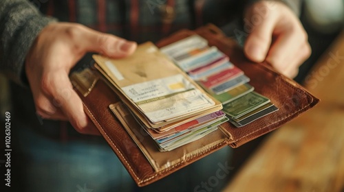 Conceptual image of someone organizing their billfold with receipts and loyalty cards, emphasizing financial management
