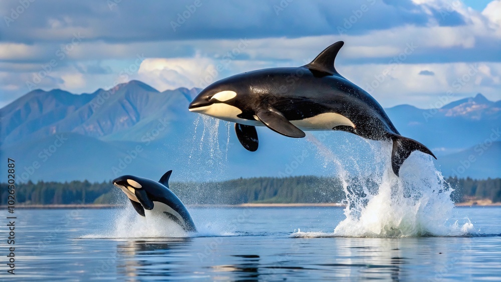 Obraz premium Mother and calf killer whale leaping out of the water