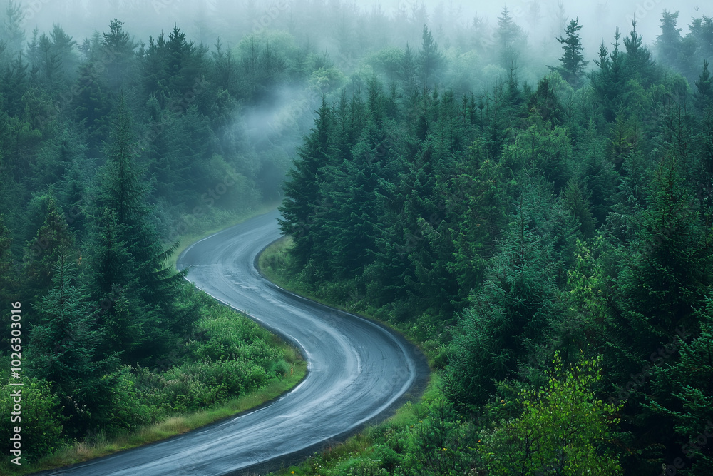 A winding road shrouded in mist winds through a lush evergreen forest during the early morning hours A winding road shrouded in mist winds through a lush evergreen forest during the early morning hours
