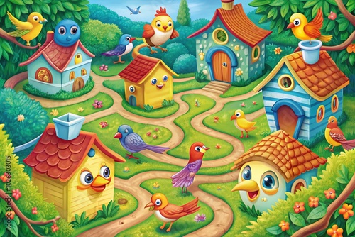 Engaging Maze Game for Kids Featuring Birds and a Birdhouse Village