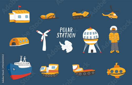 Polar station objects collection. Arctic or Antarctic expedition elements set. Vector illustration