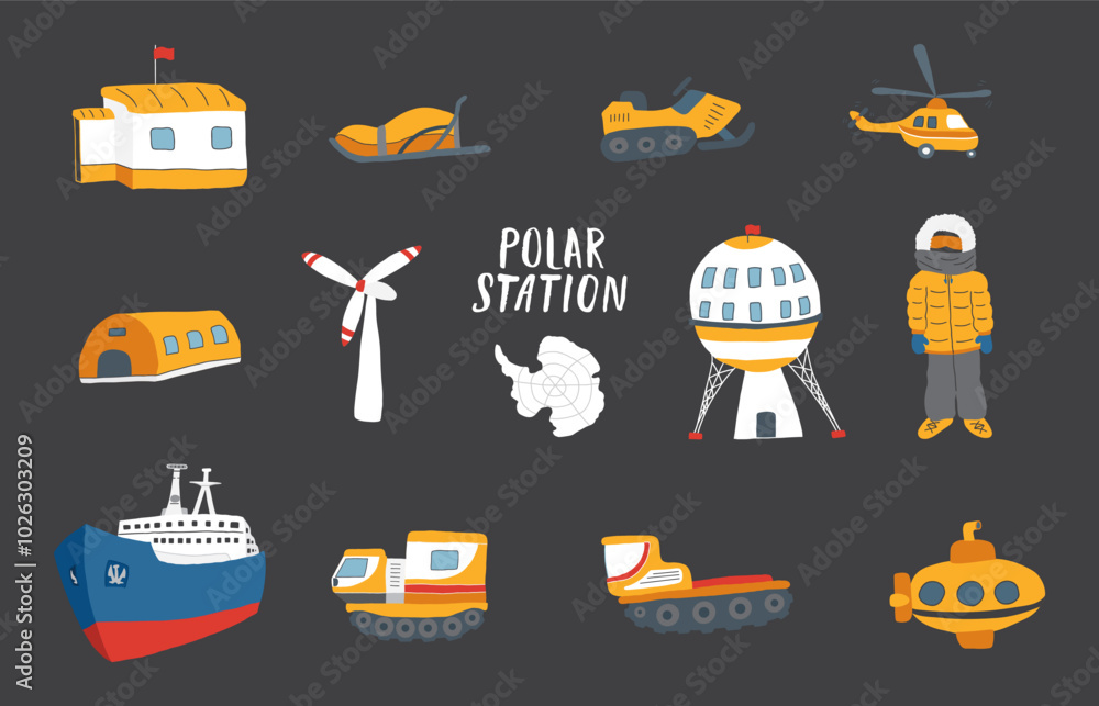 Obraz premium Polar station objects collection. Arctic or Antarctic expedition elements set. Vector illustration