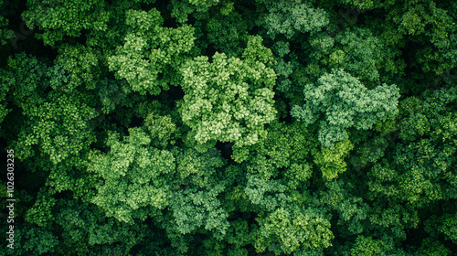 stunning aerial view showcases a vibrant forest, where lush green trees create a natural tapestry. This serene landscape symbolizes growth, tranquility, and the interconnectedness of nature