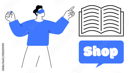 A person wearing virtual reality glasses interacts with a virtual interface while a book icon and shop sign are shown. Ideal for augmented reality, virtual shopping, education technology, online