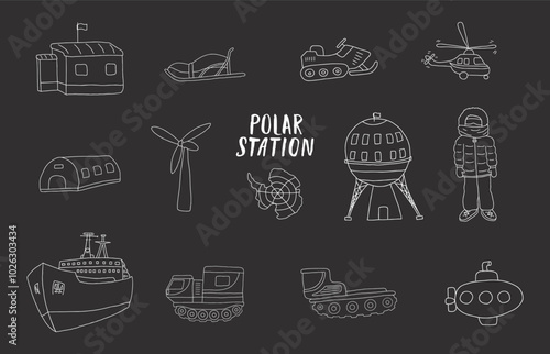 Polar station objects collection. Arctic or Antarctic expedition elements set. Vector illustration