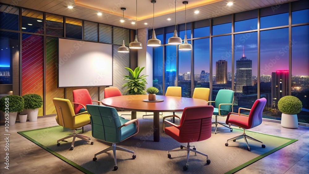 Vibrant meeting space featuring colorful chairs and a spacious whiteboard, ideal for collaborative night photography sessions with up to 25 participants sharing creative ideas. Vibrant meeting space featuring colorful chairs and a spacious whiteboard, ideal for collaborative night photography sessions with up to 25 participants sharing creative ideas.