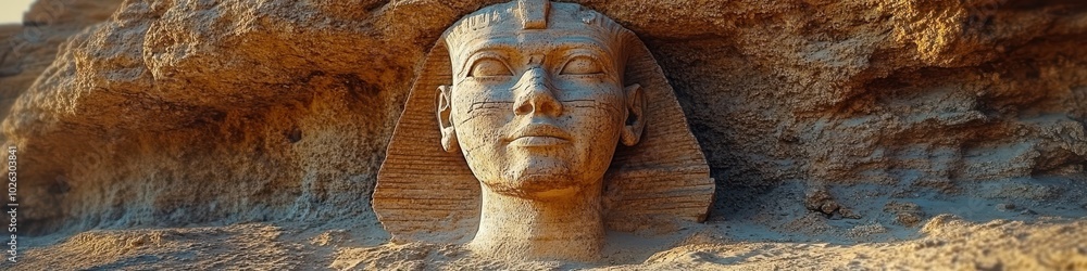 Ancient Egyptian carving of a pharaoh's head on sandstone, bathed in warm sunlight. Ancient Egyptian carving of a pharaoh's head on sandstone, bathed in warm sunlight.